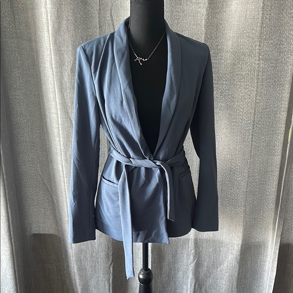 White House Black Market Blue Blazer with Shawl Collar and Tie Belt - Picture 1 of 4